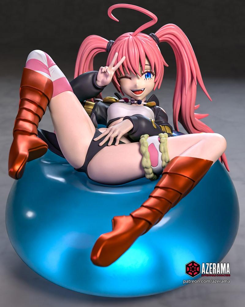 Milim Nava from TenSura sitting on a blue slime, winking and holding up a peace sign. She has pink twin-tails, blue e...