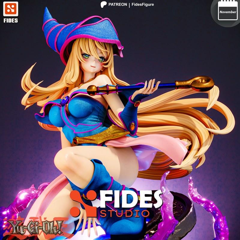 Fides Figure's Dark Magician Girl 3D model, seated with blonde hair, blue outfit, and magical staff, surrounded by pu...