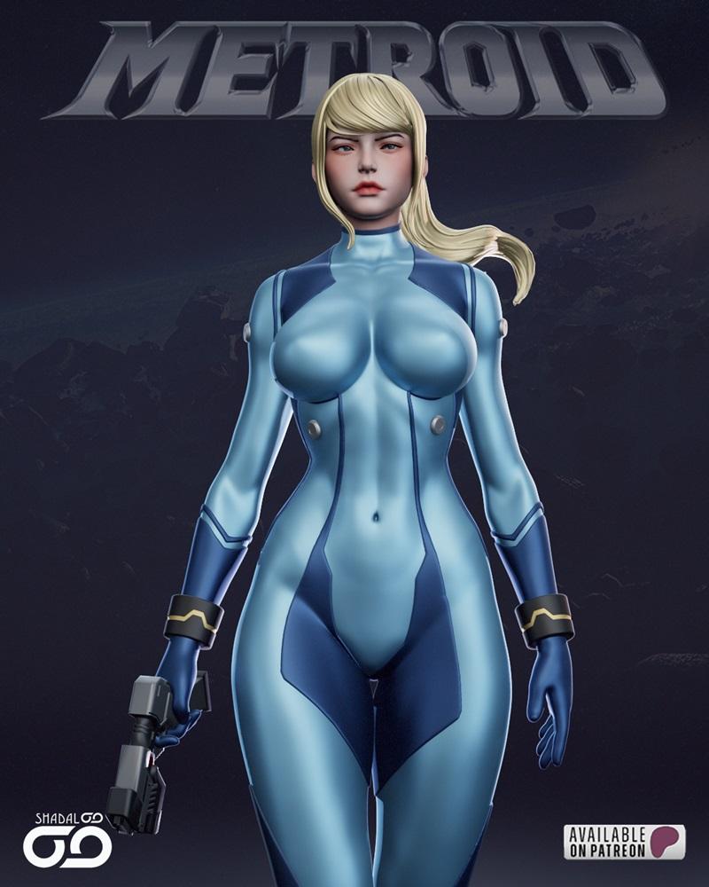 Samus Aran in a form-fitting blue Varia Suit, holding a blaster, with the "METROID" logo in the background....