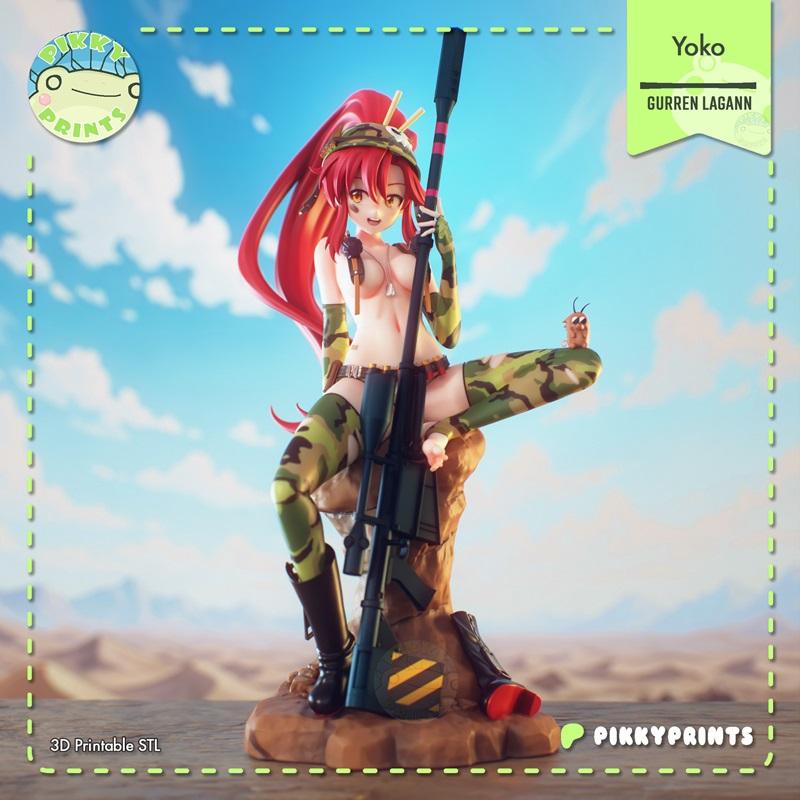 Yoko Littner from Gurren Lagann anime, 3D printable figure by Pikky Prints. Seated on desert rock, holding sniper rif...