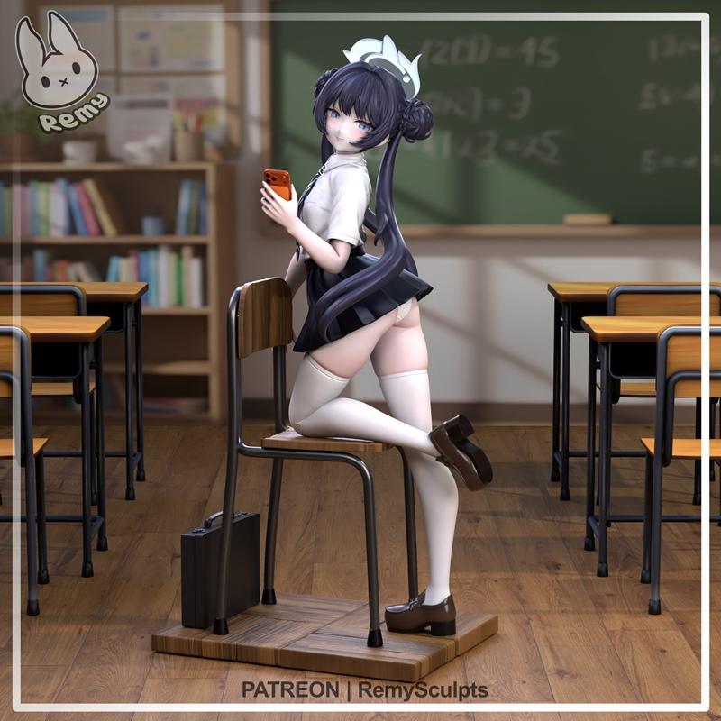 Anime character Kisaki in a schoolgirl outfit, holding a phone, standing in a classroom setting.