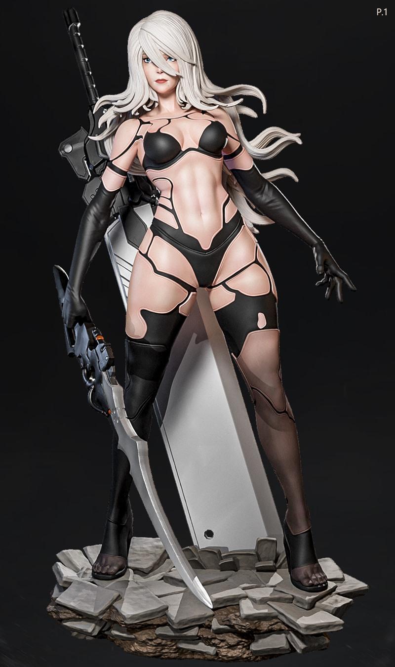A2 from NieR: Automata in black lingerie, holding a scythe and gun, standing on a rocky base. White hair, blue eyes,...
