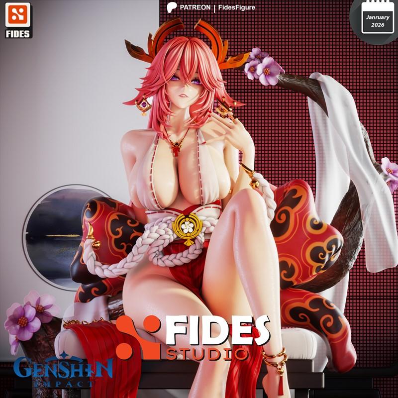 Yae Miko Genshin Impact 3D figure by Fides Figure, seated seductively in revealing kimono with pink hair and horns.