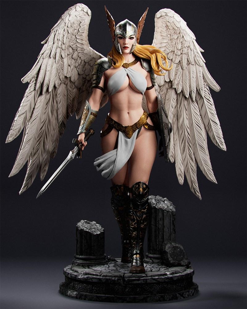 Brynhildr Valkyrie 3D model with large feathered wings, white outfit, golden armor, and sword, standing on a stone ba...