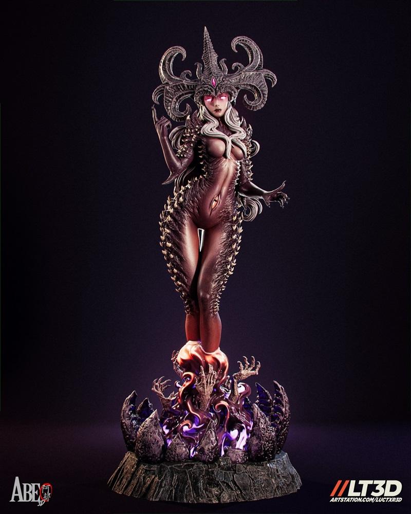 Demonic female figure Shael'Ness by Abe3D, wearing a spiky headdress and armor, standing on a base with glowing purpl...
