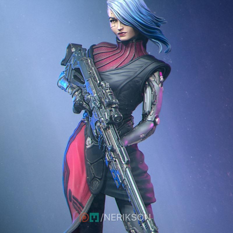 Sci-fi assassin Aryn with blue hair and cybernetic arm, holding a detailed sniper rifle. Wears a red and black outfit...