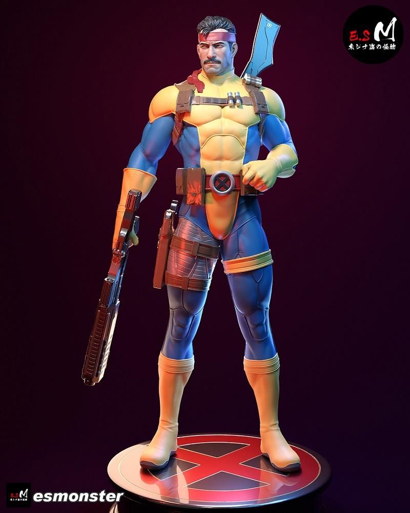 Forge from X-Men comics, a male figure in blue and yellow costume with red bandana, holding a rifle and standing on a...