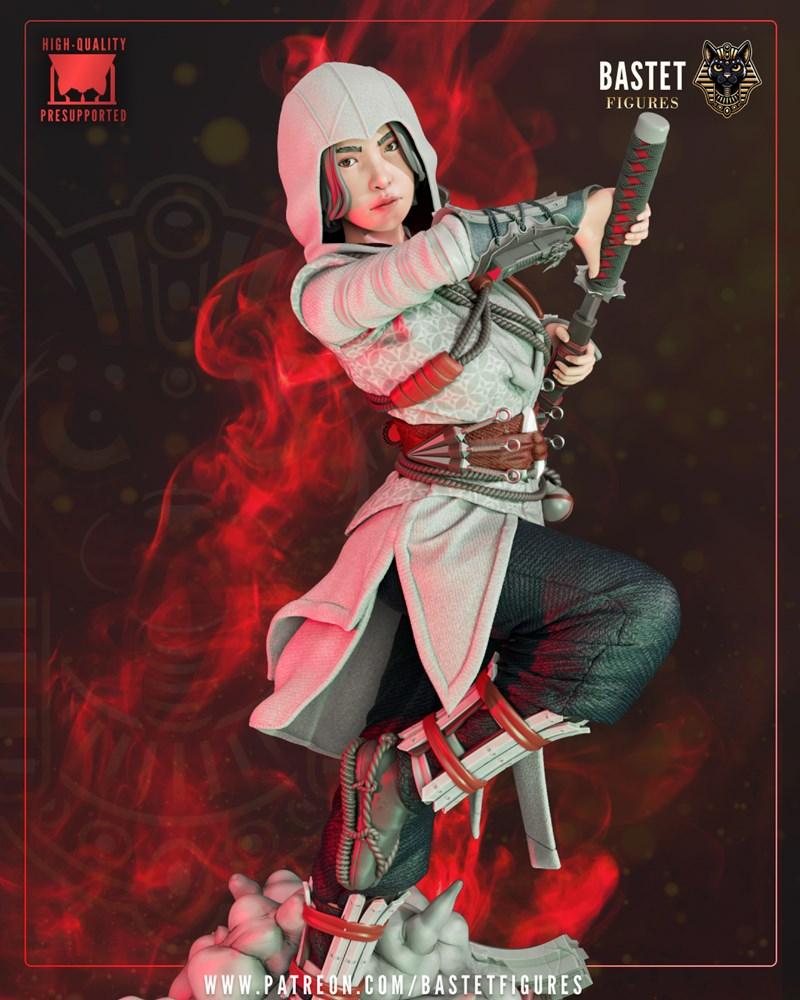 Naoe 3D model figure from Bastet Figures, wearing a hooded tunic and holding a katana, posed dynamically amidst red s...