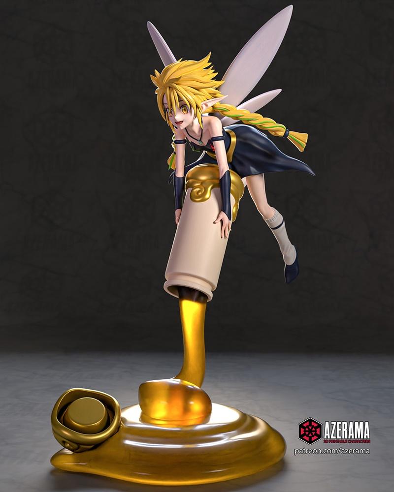 Ramiris from TenSura anime, a fairy with blonde hair and wings, in a dark dress, posed on a golden liquid base. 3D mo...