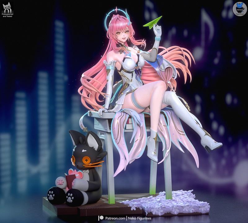 3D model figure of Aemeath from Wuthering Waves, seated with pink hair, halo, holding a paper airplane, with a black...