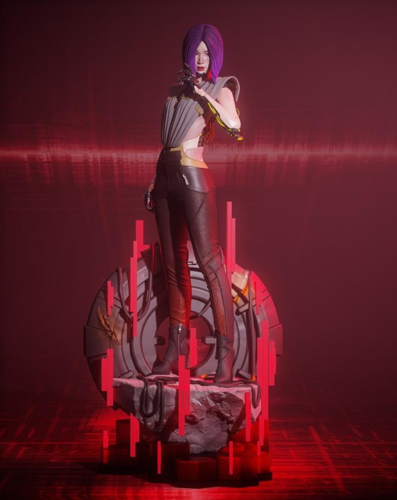 Songbird figure from Cyberpunk 2077 by Yongblood Sculpture, standing on a rocky base with futuristic elements and red...