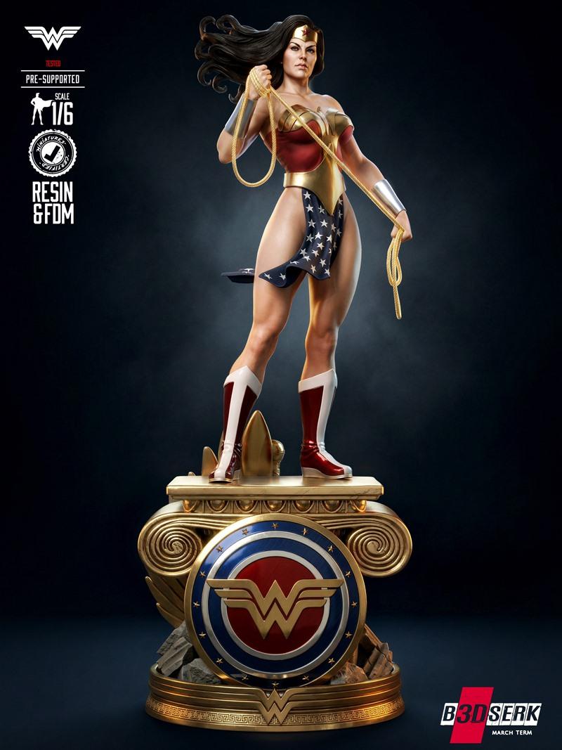 Wonder Woman sculpture by B3DSERK, standing heroically with lasso and shield on an ornate base, 1/6 scale, pre-suppor...
