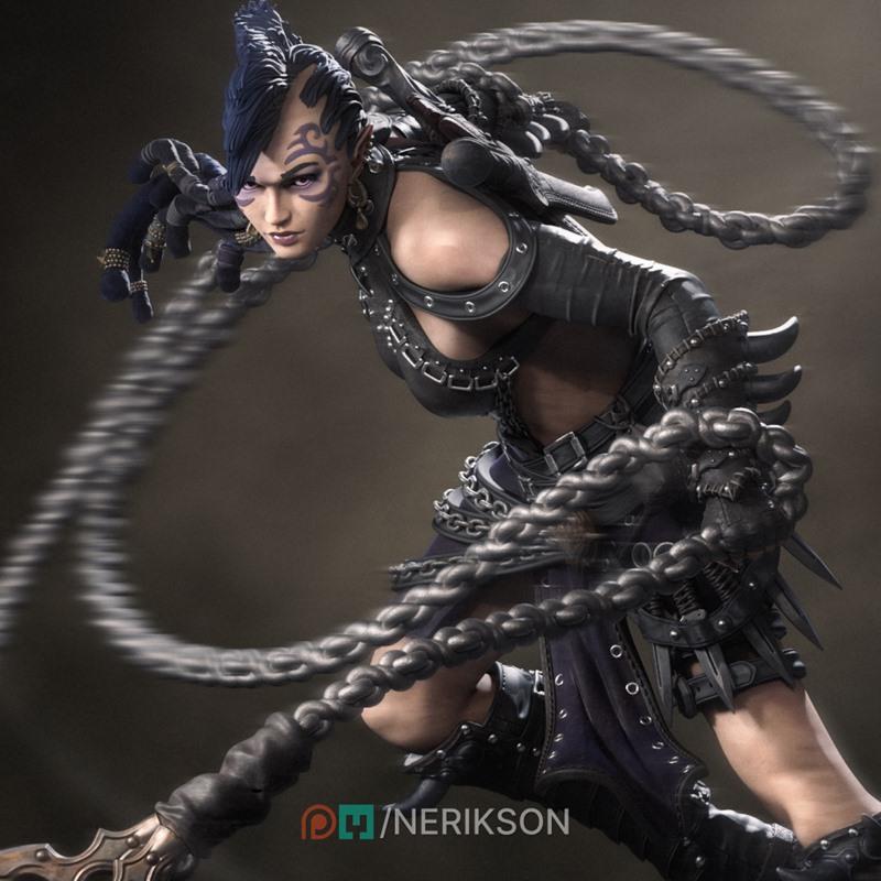 Zestari The ShadowElf ChainWarrior 3D model by Nerikson, dynamic pose with chains wrapping around arms and extending...