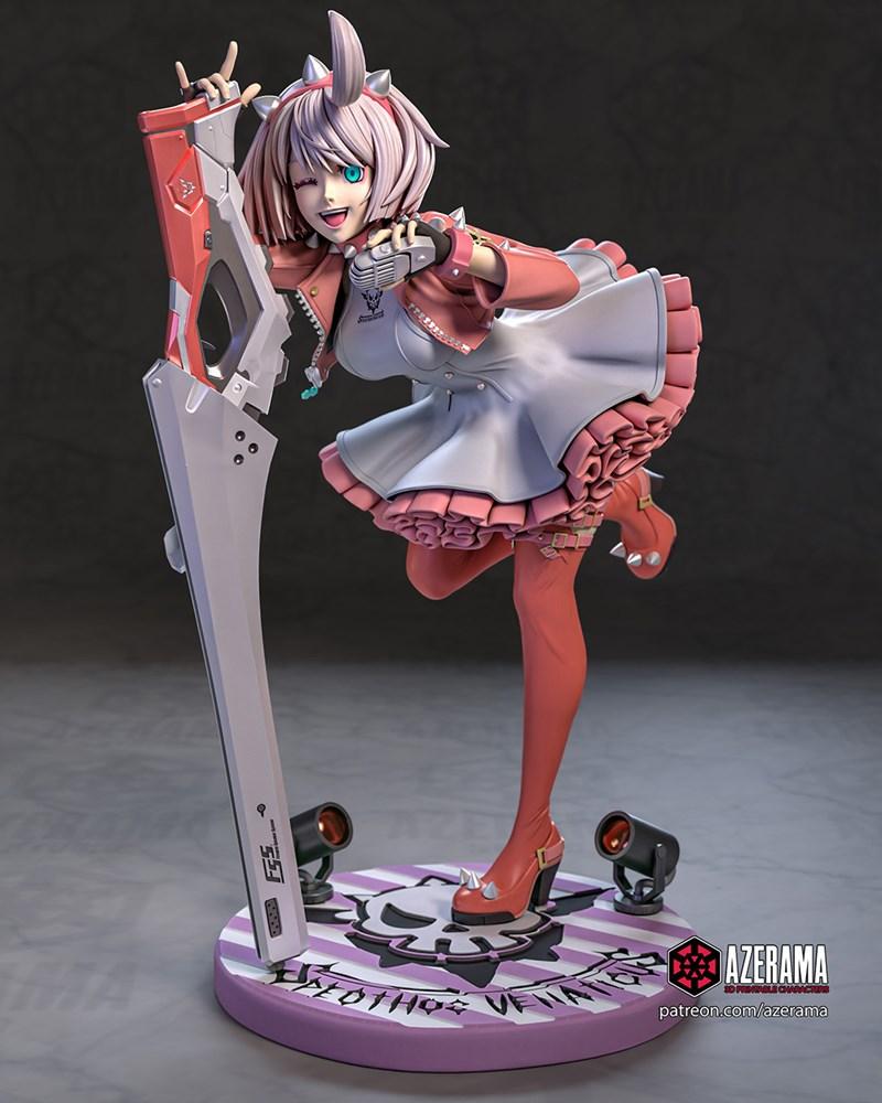 Elphelt from Guilty Gear striking a pose with a large weapon, winking and holding up two fingers. She wears a pink ja...