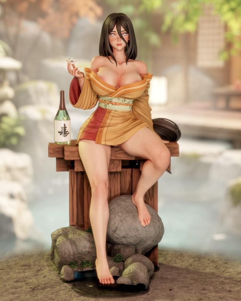 Hanabi 3D model figure by Momoji, sitting in a traditional Japanese setting with a bottle of sake, wearing an open ki...