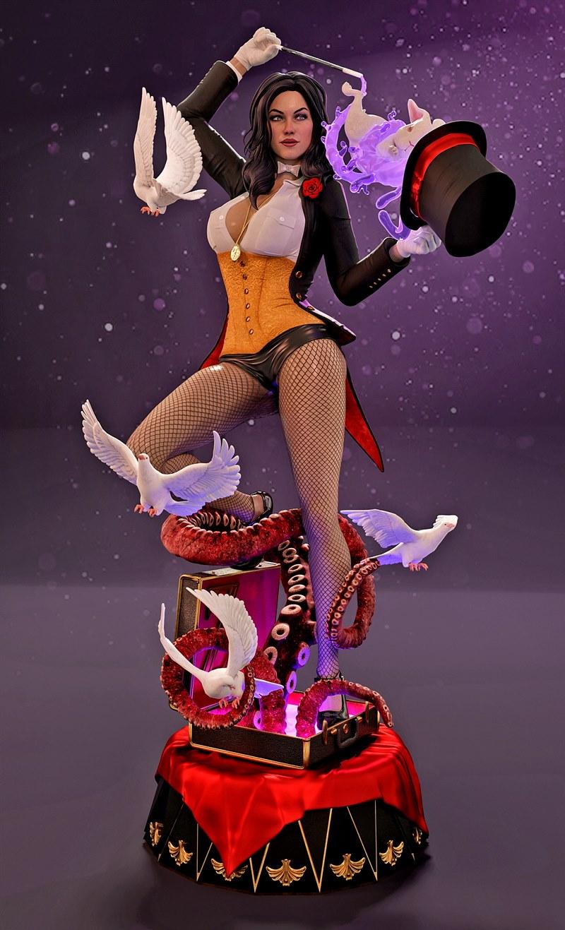 Zatanna figure performing magic trick with top hat, rabbit, doves, and tentacles emerging from a suitcase, by MCM3D.