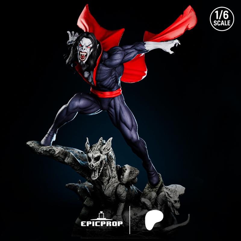 Morbius 1:6 scale 3D print model by Epic Prop, leaping dynamically onto a base with gargoyles, wearing a red cape and...