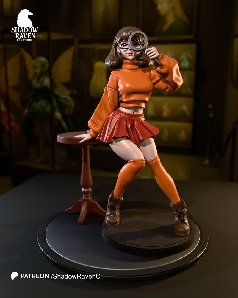 3D model of Velma Dinkley in an anime-inspired style, wearing an orange crop turtleneck, red pleated skirt, orange th...