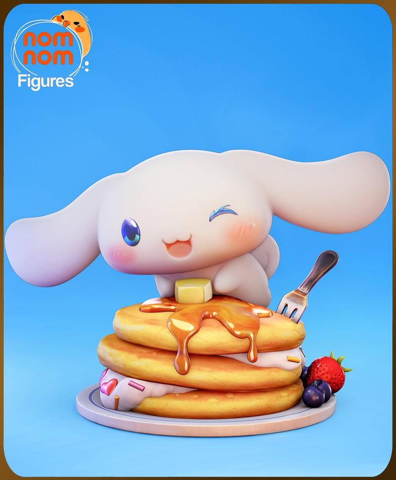 Chibi Cinnamoroll character winking, perched on a stack of pancakes with syrup and butter. A fork is in the pancakes,...