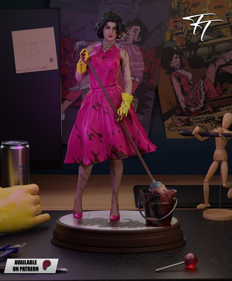 Woman in a pink dress splattered with blood, holding a mop over a bucket of red liquid. Yellow gloves, high heels, an...