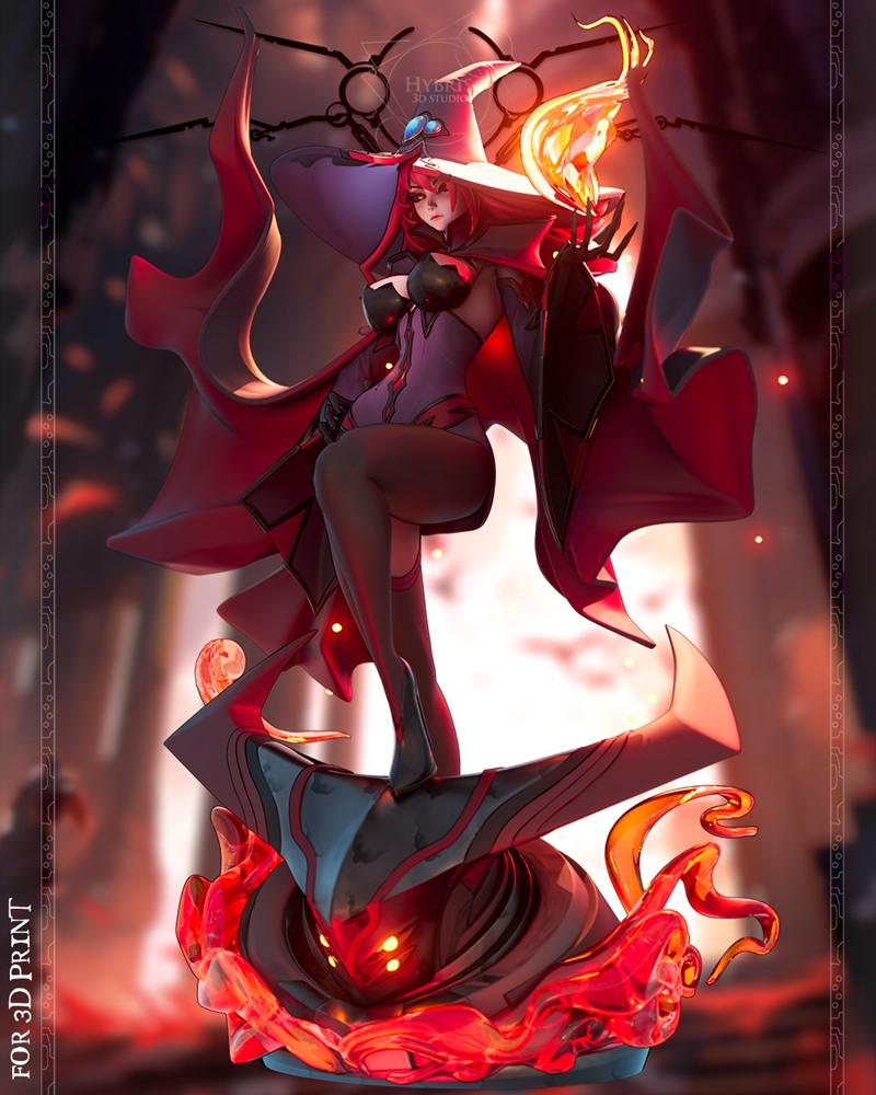 Konoe A. Mercury 3D print model by Hybris Studios, posed as a witch with a red cape and hat, standing on a fiery, dem...