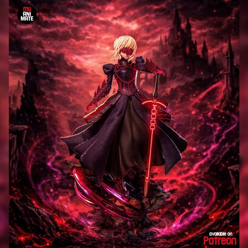 Saber from Fate Series figure with glowing sword and red mask, wearing a dark gothic dress and armor, standing on a r...