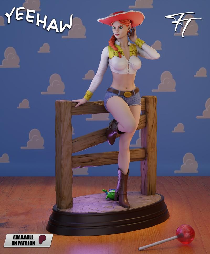 Stylized 3D model of Jessy from Toy Story, wearing a red cowboy hat, white crop top, denim shorts, and boots, leaning...
