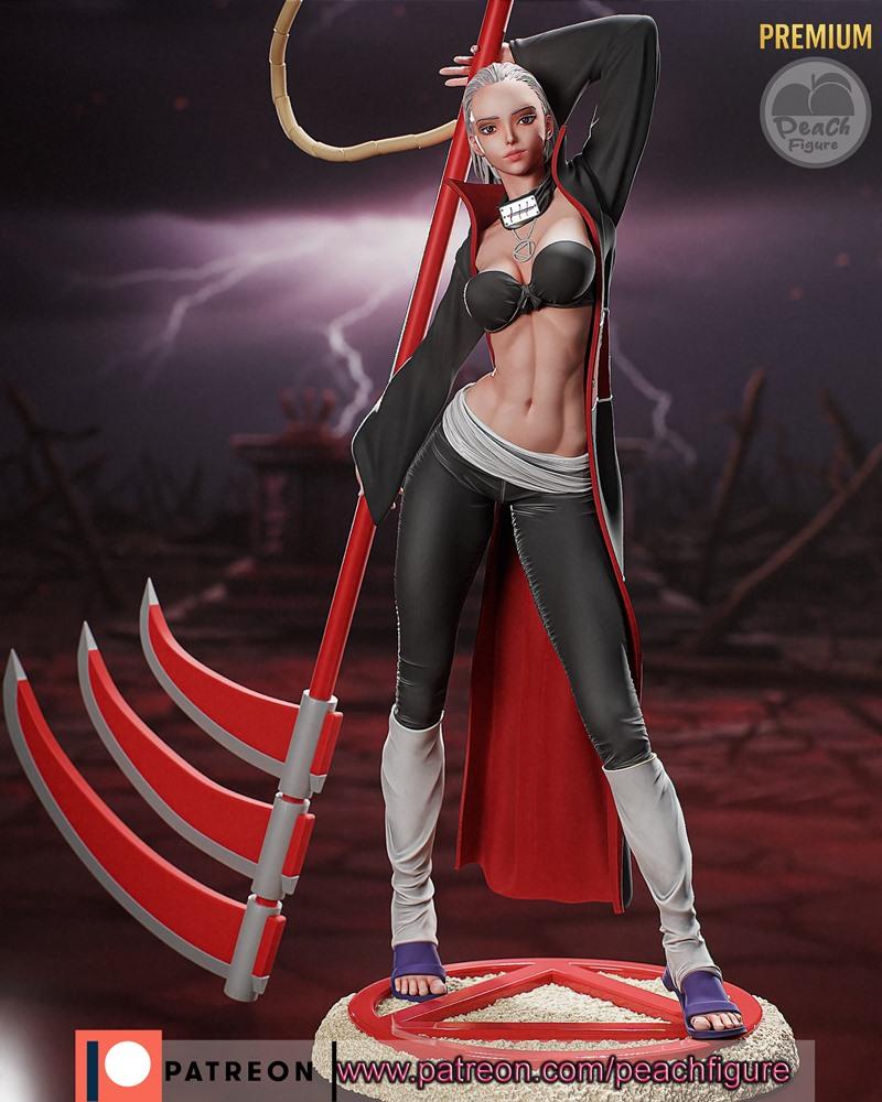 Female Hidan figure from Naruto, wearing an open Akatsuki robe over a black bra and pants, holding a large scythe. Pe...