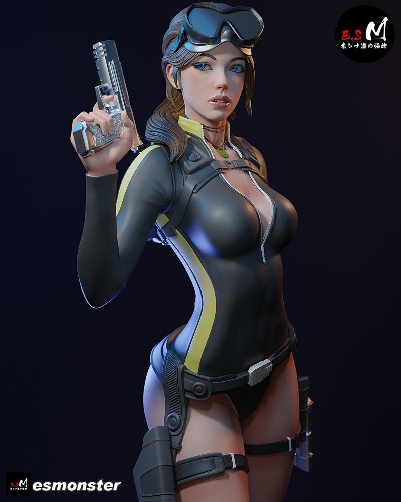 Lara Croft in a black and yellow dive suit, holding a pistol, with scuba goggles on her head. 3D model by E.S Monster.