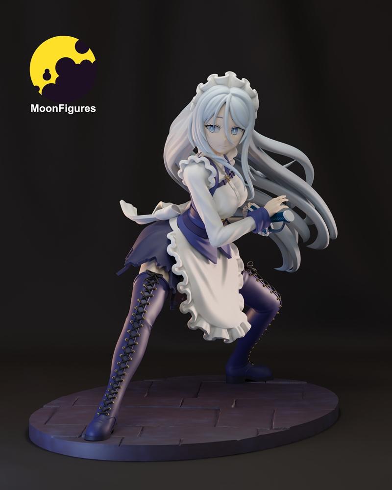 Anime-style 3D model of Sylpha by MoonFigures, crouching in a maid outfit with white hair and blue eyes, wearing lace...