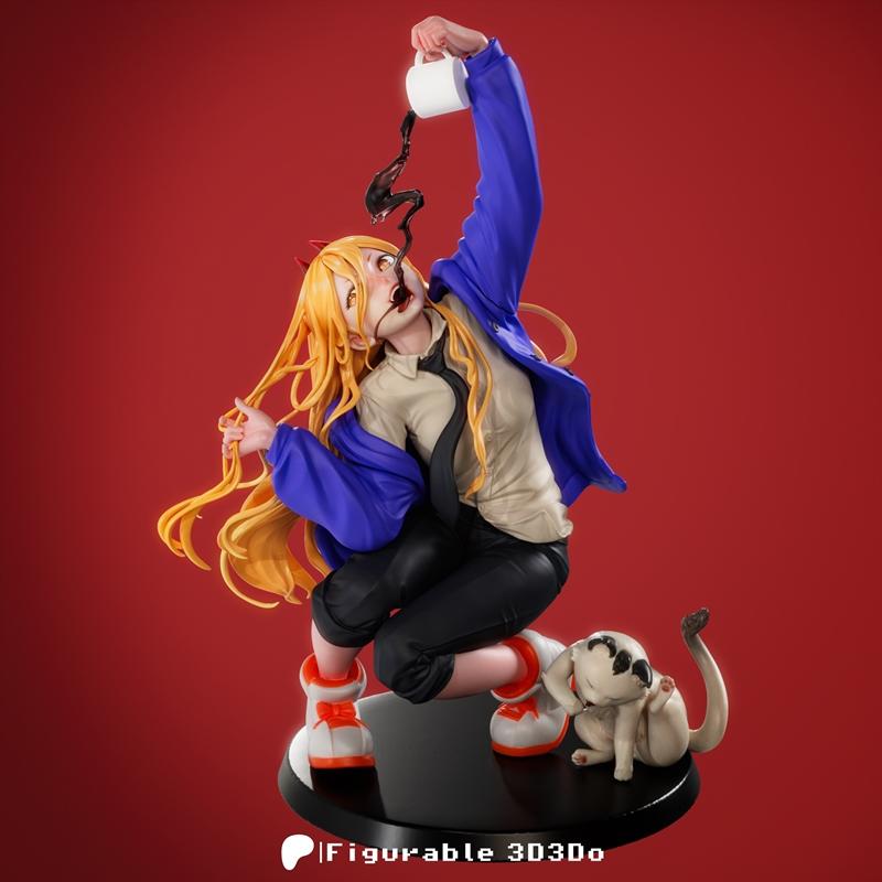 3D printable figure of Power from Chainsaw Man pouring coffee into her mouth, with a stream spilling out, and her dog...