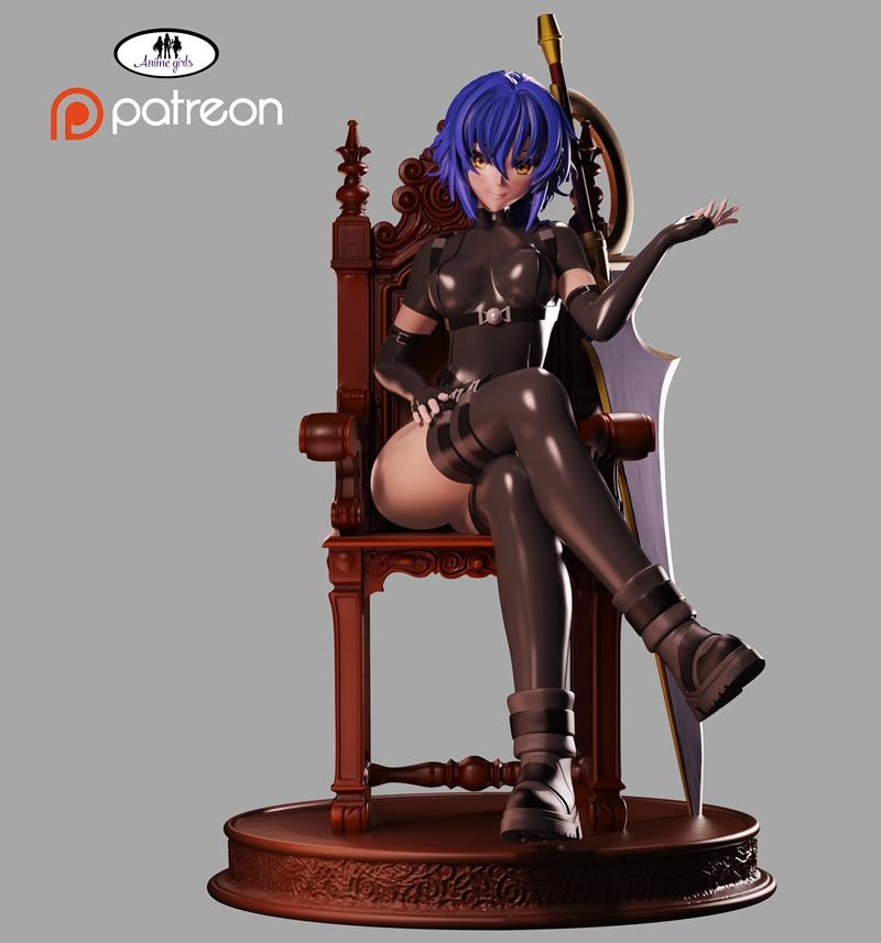 Xenovia from High School DxD seated on a throne, wearing a black latex outfit and thigh-high stockings, with a large...
