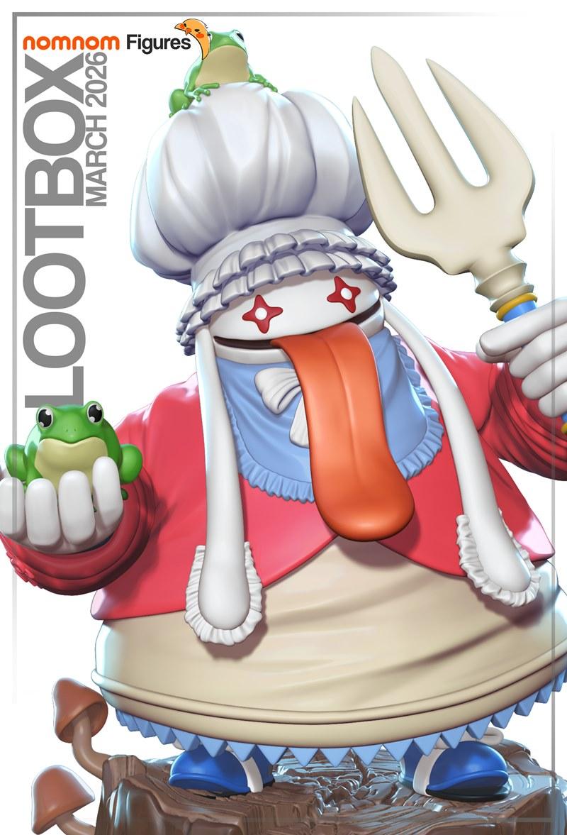3D model of Quina Quen from Final Fantasy IX, holding a frog and a fork, with a frog on her chef's hat.