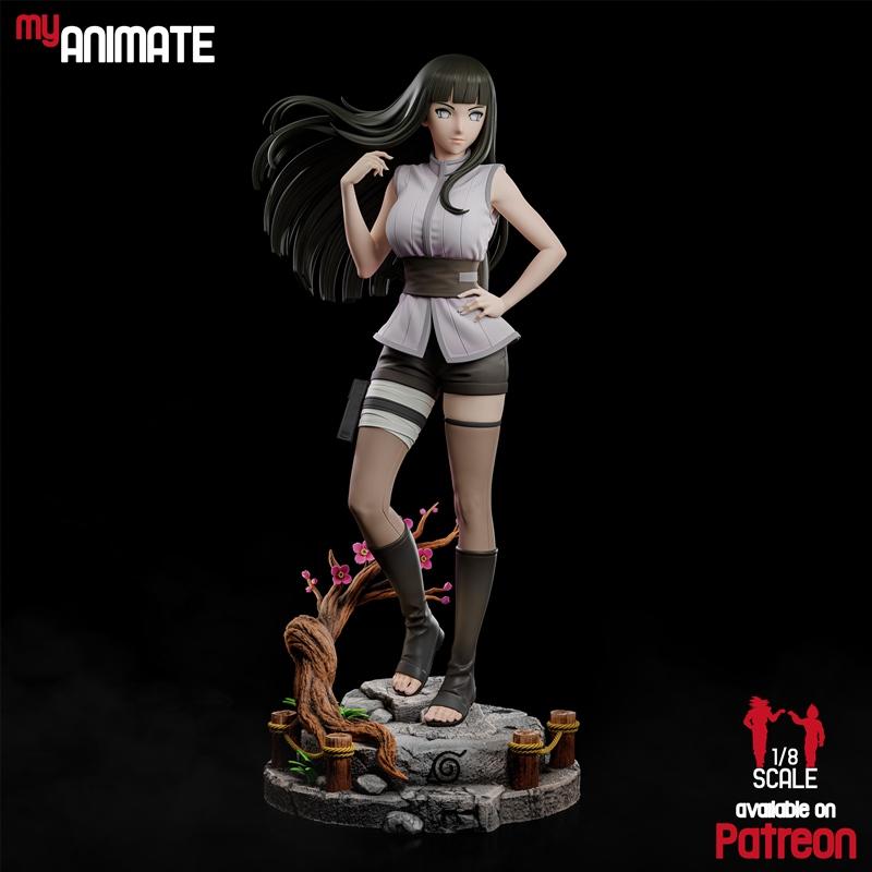 1/8 scale 3D print model of Hinata from Naruto, standing heroically on a rocky base with a cherry blossom branch. She...