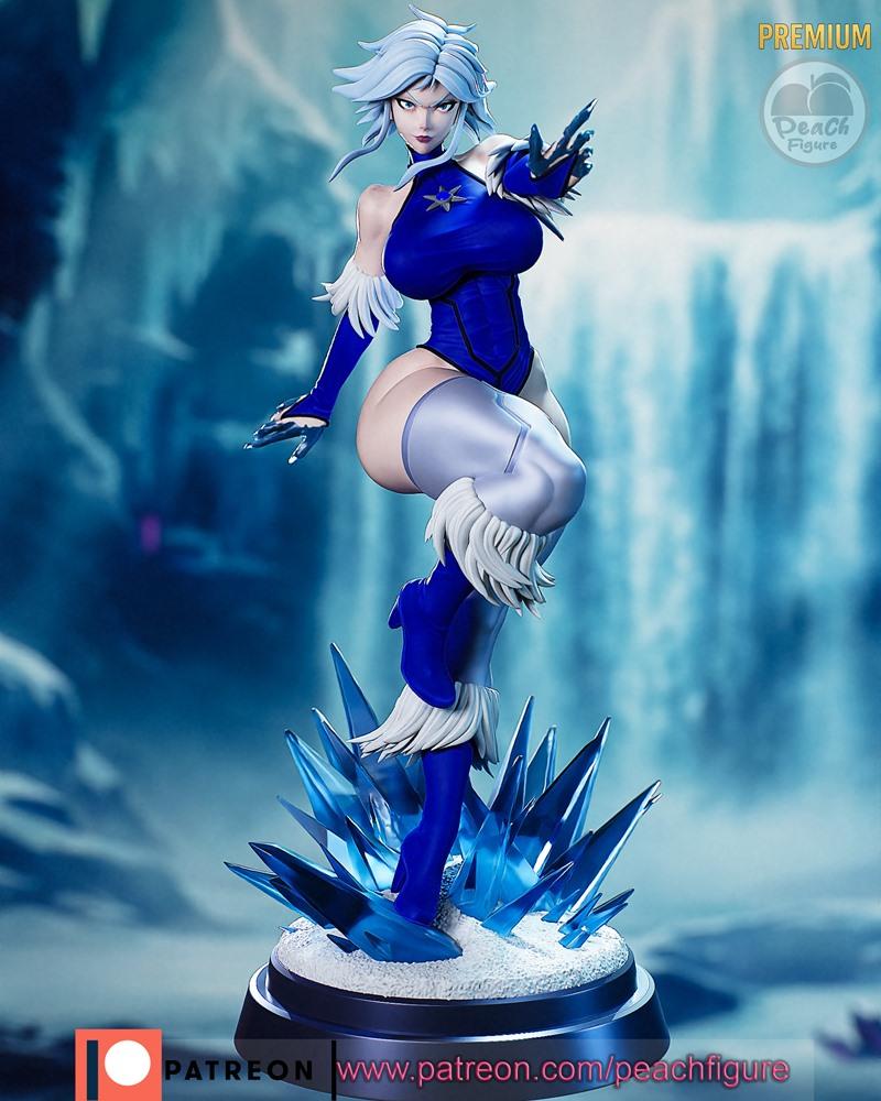 Killer Frost 3D model figure by Peach Figure, wearing a blue bodysuit with white fur trim, posed dynamically on a bas...
