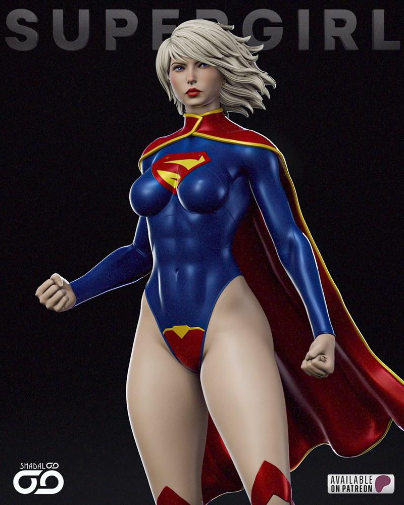Supergirl 3D model figure by Shadaloo Studios, wearing blue bodysuit with red cape, heroic pose, detailed musculature.