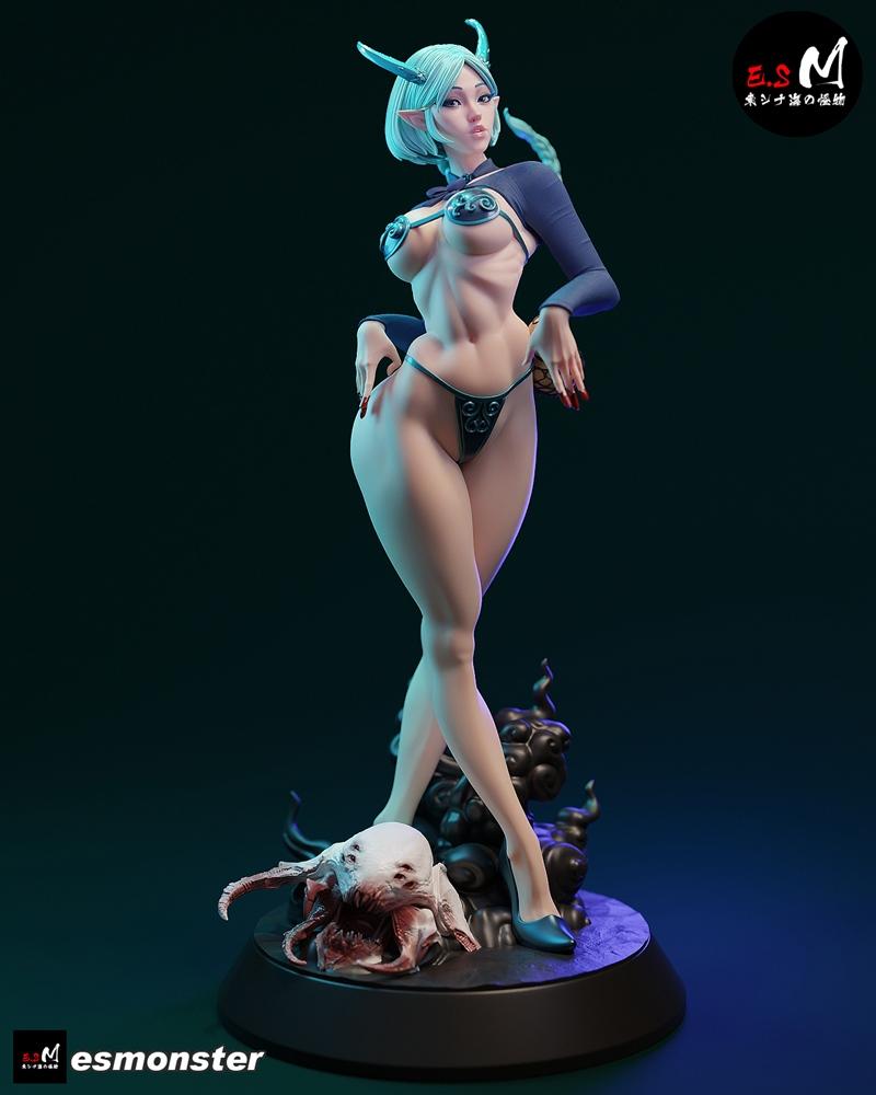 E.S Monster Ao Ling 3D print figure: anime-style demon woman with horns and tail, wearing a revealing bikini, standin...