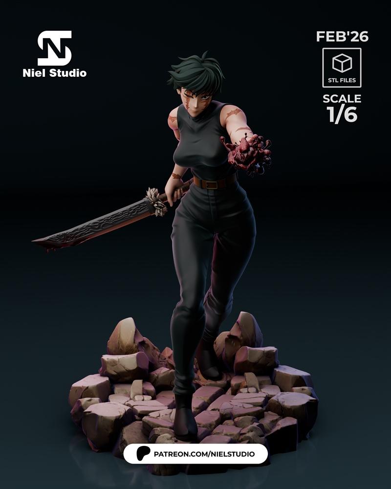 Maki Zenin 3D model from Jujutsu Kaisen, 1/6 scale, holding a sword and a bloody severed hand, standing on a rocky ba...
