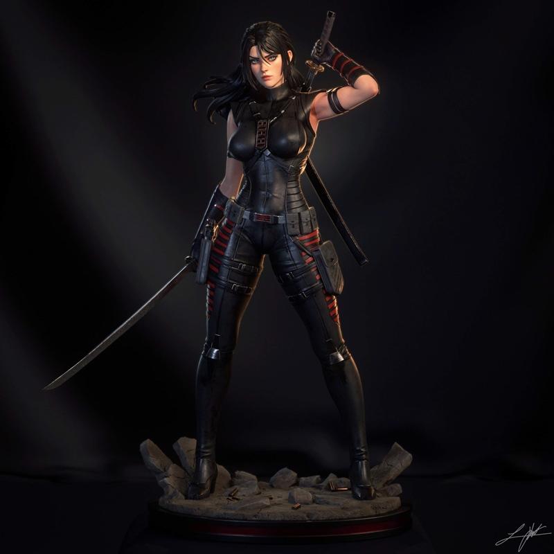 3D printable figure of Snake Eyes II from G.I. Joe, wearing a black tactical suit with red accents, holding a katana,...