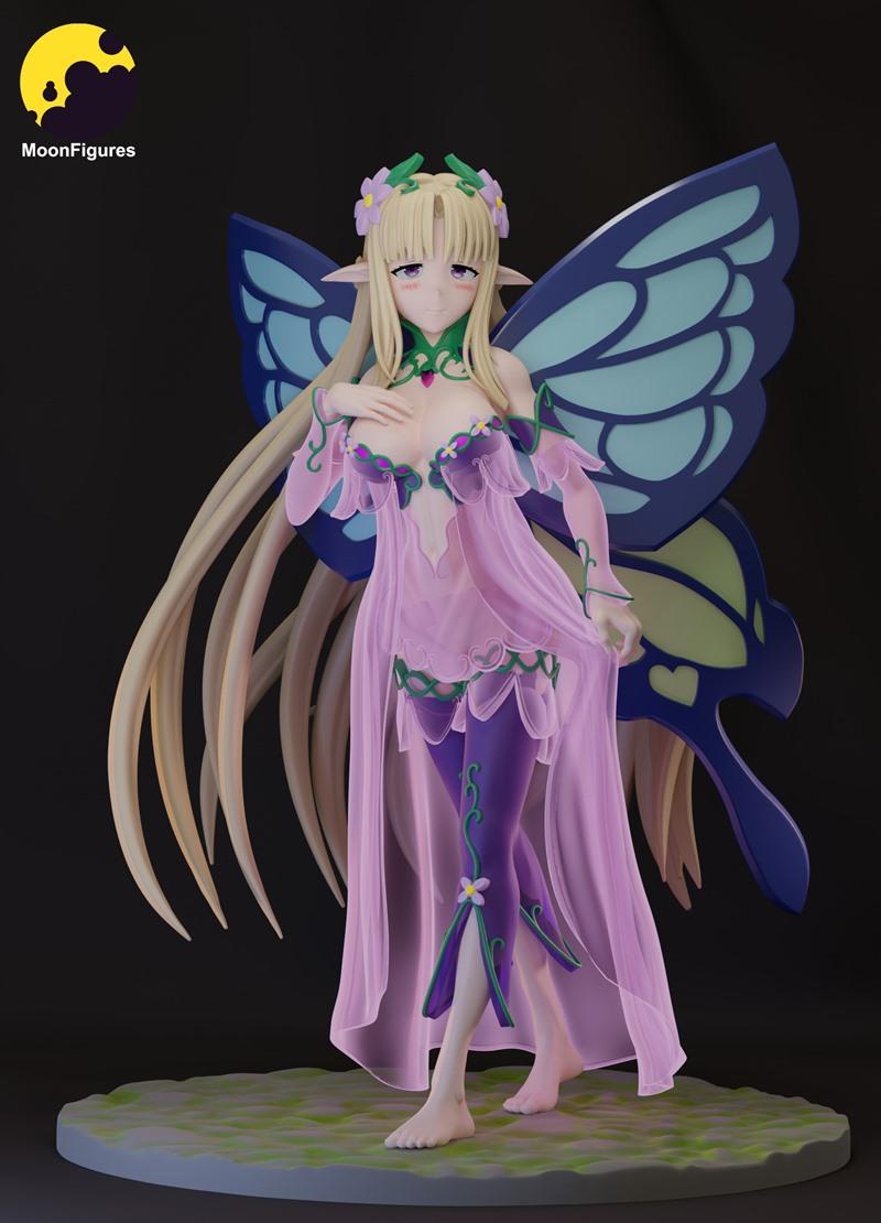 MoonFigures Titania 3D model: fairy with blonde hair, elf ears, and large blue butterfly wings, wearing a sheer pink...