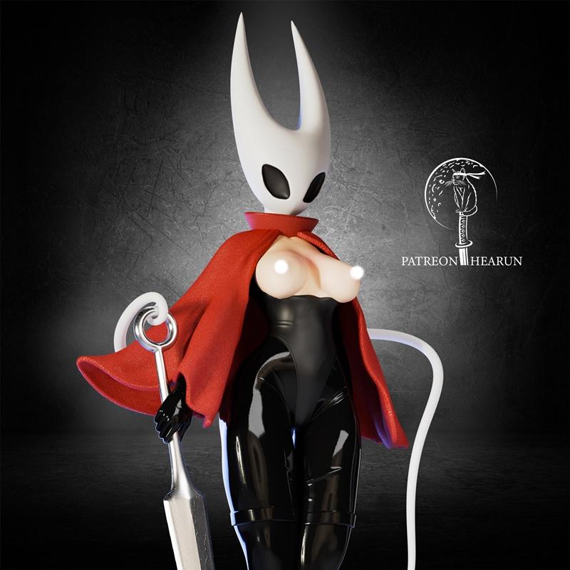 Hornet from Hollow Knight game, wearing a red cape and black bodysuit, with exposed breasts and holding a needle weap...