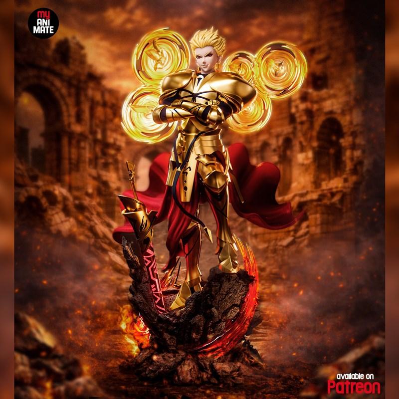 Gilgamesh from Fate Series in golden armor and red cape, with glowing magic circles, standing on a fiery base. 3D pri...