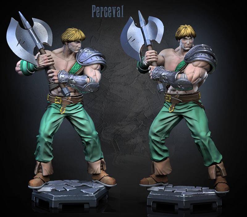 3D model of Perceval v1, a muscular male warrior with blonde hair, holding a large axe, wearing green pants and armor...