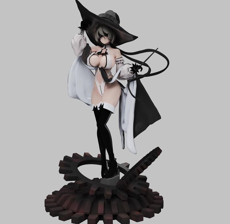 2B Magical Girl figure from Nier Automata, wearing a white leotard, black stockings, and a witch hat, posed on a base...