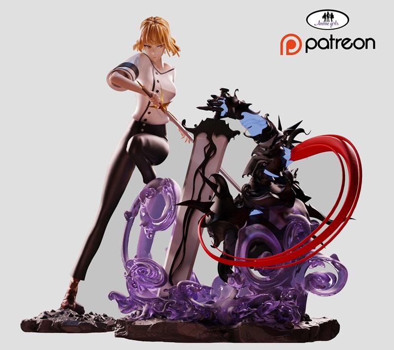 Cha Hae In 3D model, anime character from Solo Leveling, in a combat stance with a sword, detailed base with purple m...