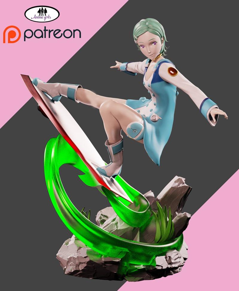 3D model of Eureka from Eureka Seven, posed dynamically on a green energy wave with a surfboard, wearing her signatur...