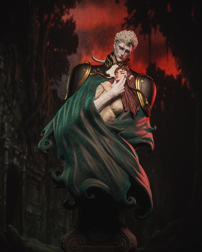 Bust of male figure with white hair holding female figure with auburn hair, both draped in a green cloak. Dark fantas...