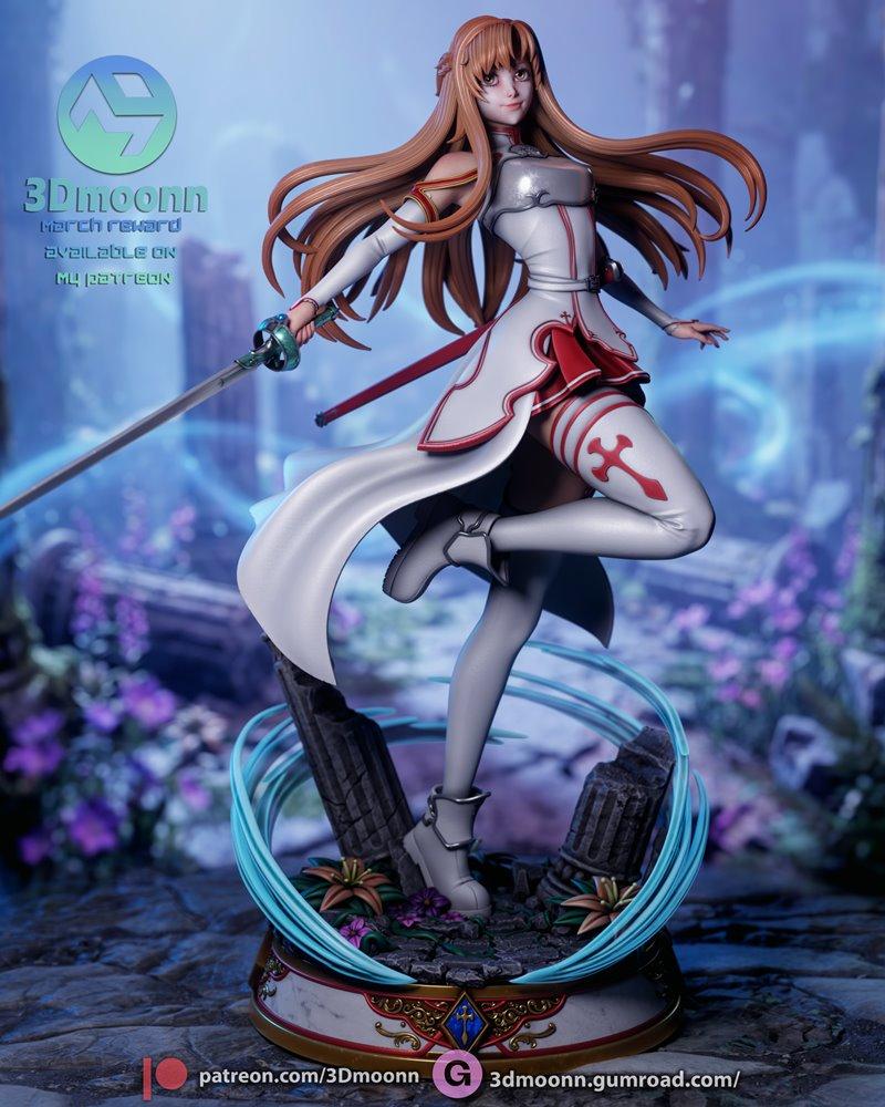 Asuna from Sword Art Online in a dynamic pose, holding a sword, wearing a white and red outfit with a silver breastpl...