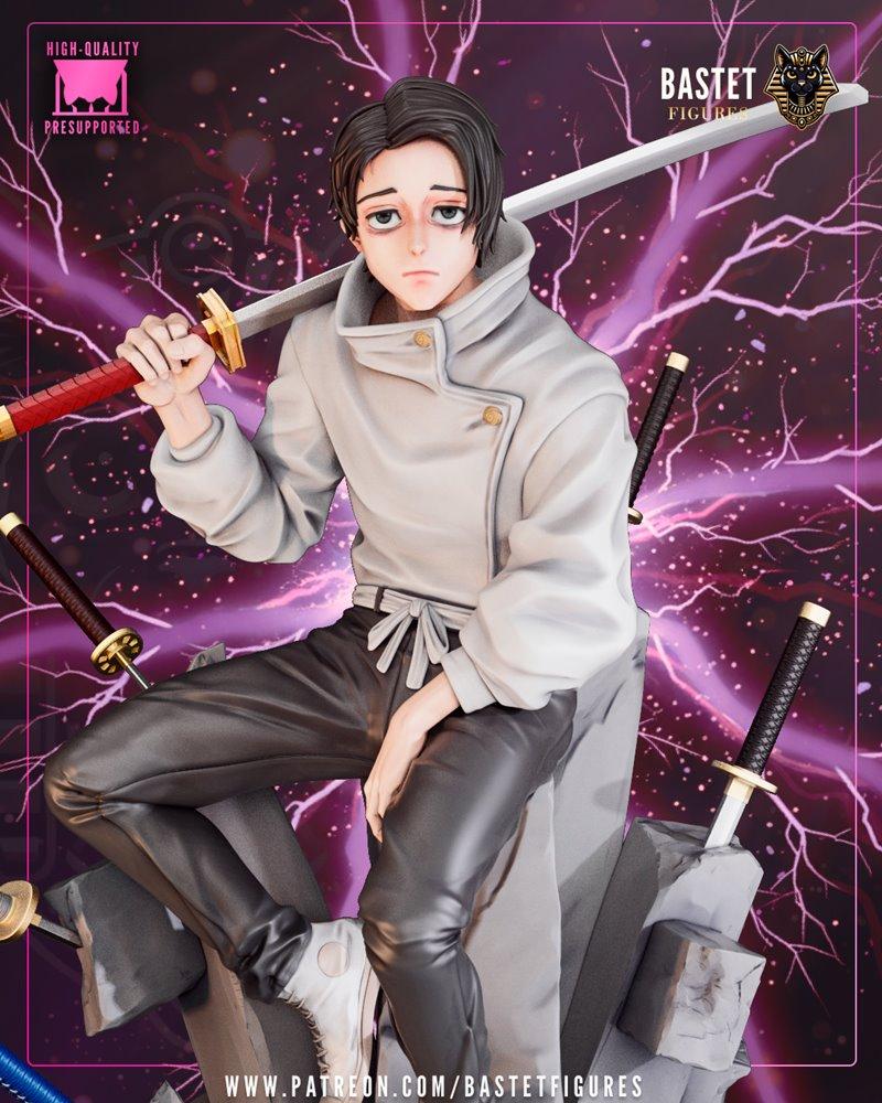 3D model of Yuta from Jujutsu Kaisen, seated with a katana on his shoulder, wearing a white jacket and dark pants, su...