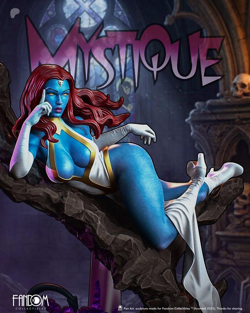 Mystique reclining on a dark, gnarled surface, wearing a white and gold costume, with blue skin and long red hair. Fa...